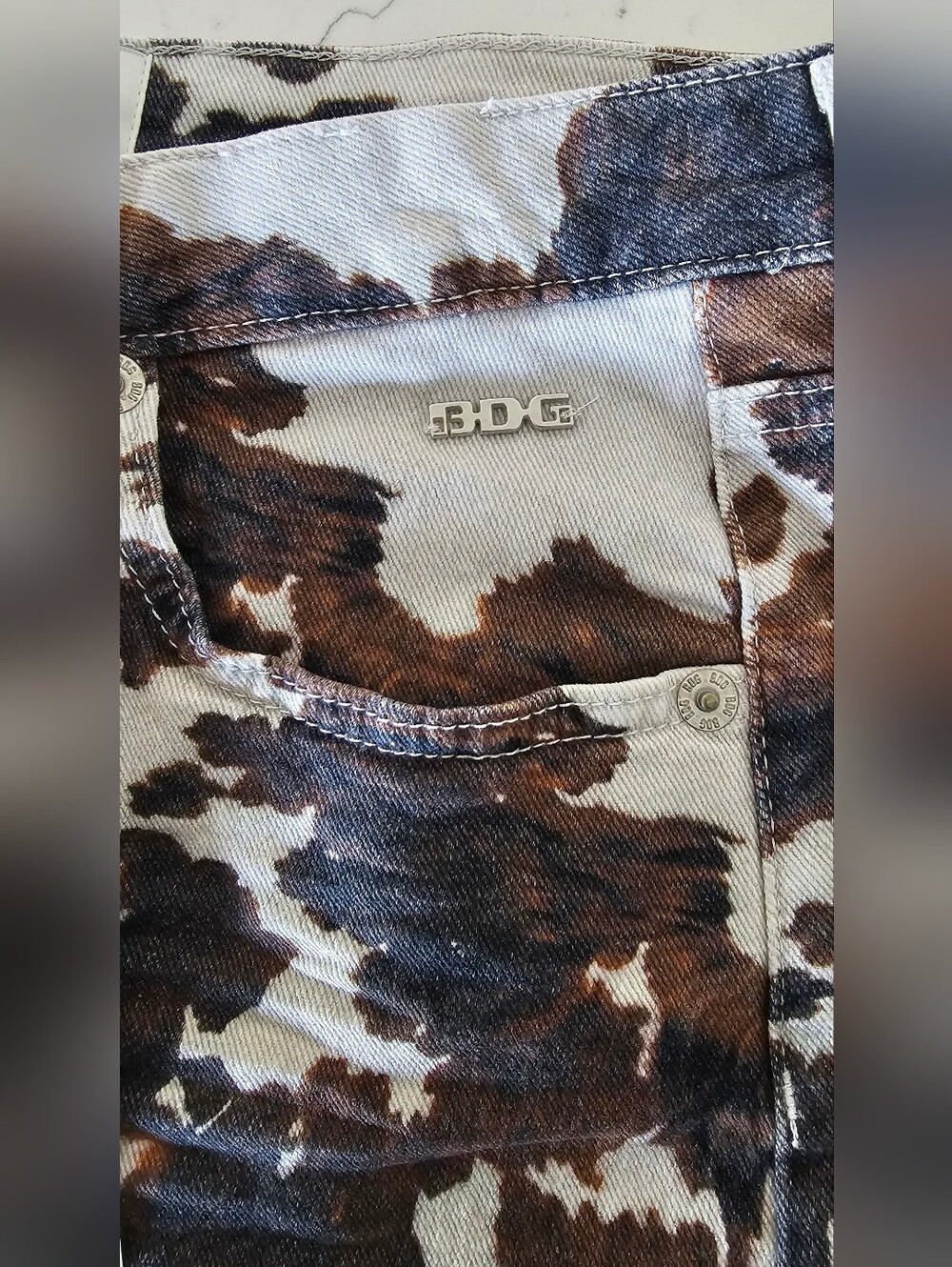 BDG Cow Print Denim Mini Skirt in White & Brown Y2K Women's Sz Large - Picture 4 of 8